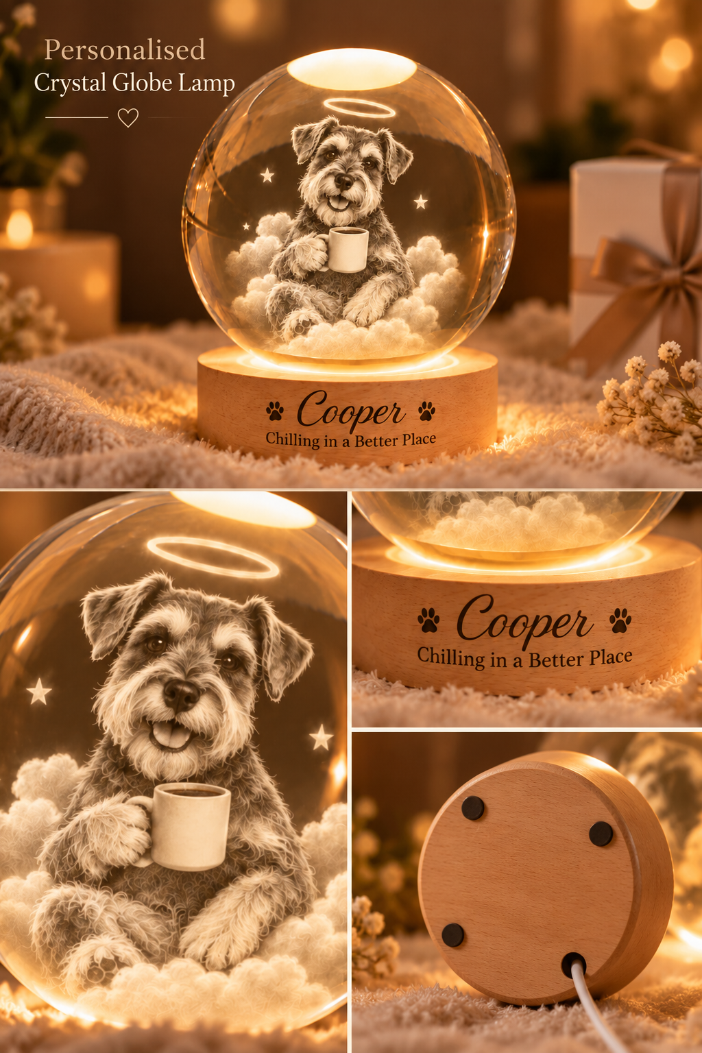 Chilling in a Better Place — Personalized Pet Crystal Globe Lamp — product details and close-up mockup
