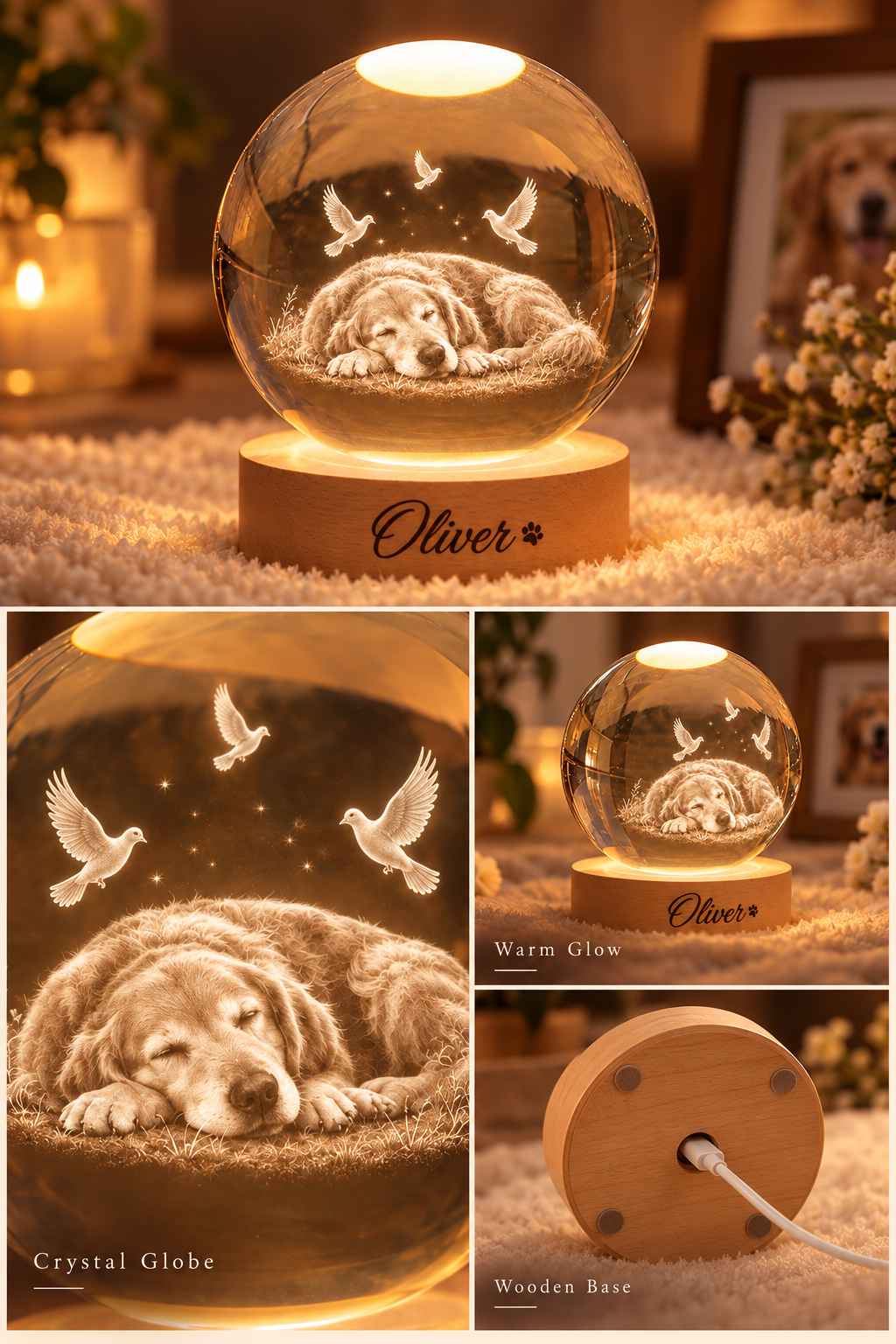 Forever at Peace — Personalized Pet Crystal Globe Lamp — product details and close-up mockup