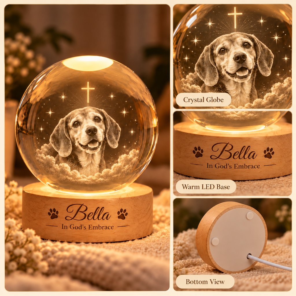 In God’s Embrace — Personalized Pet Crystal Globe Lamp — product details and close-up mockup