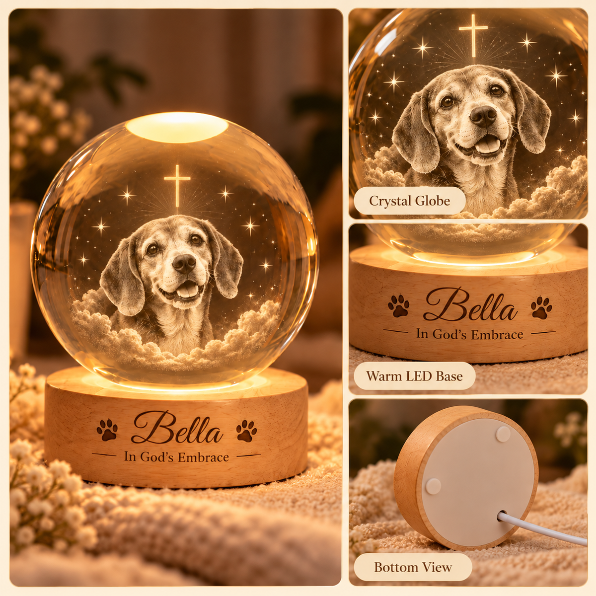 In God’s Embrace — Personalized Pet Crystal Globe Lamp — product details and close-up mockup
