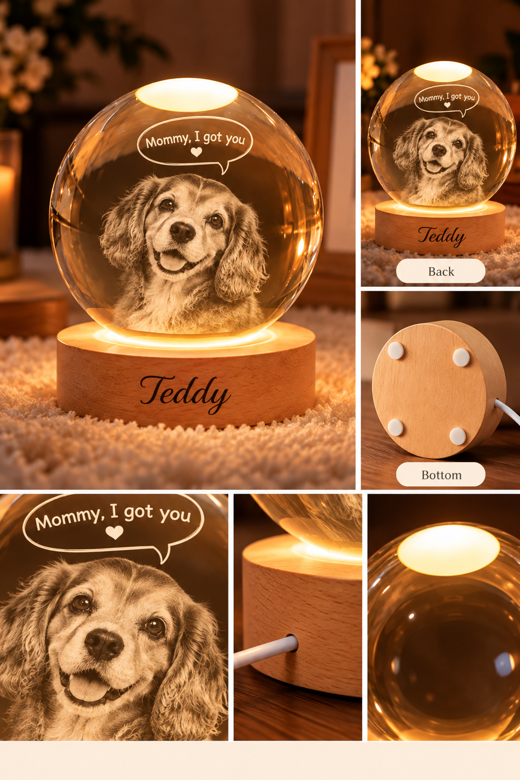 Mommy, I’ve Got You — Personalized Pet Crystal Globe Lamp — product details and close-up mockup