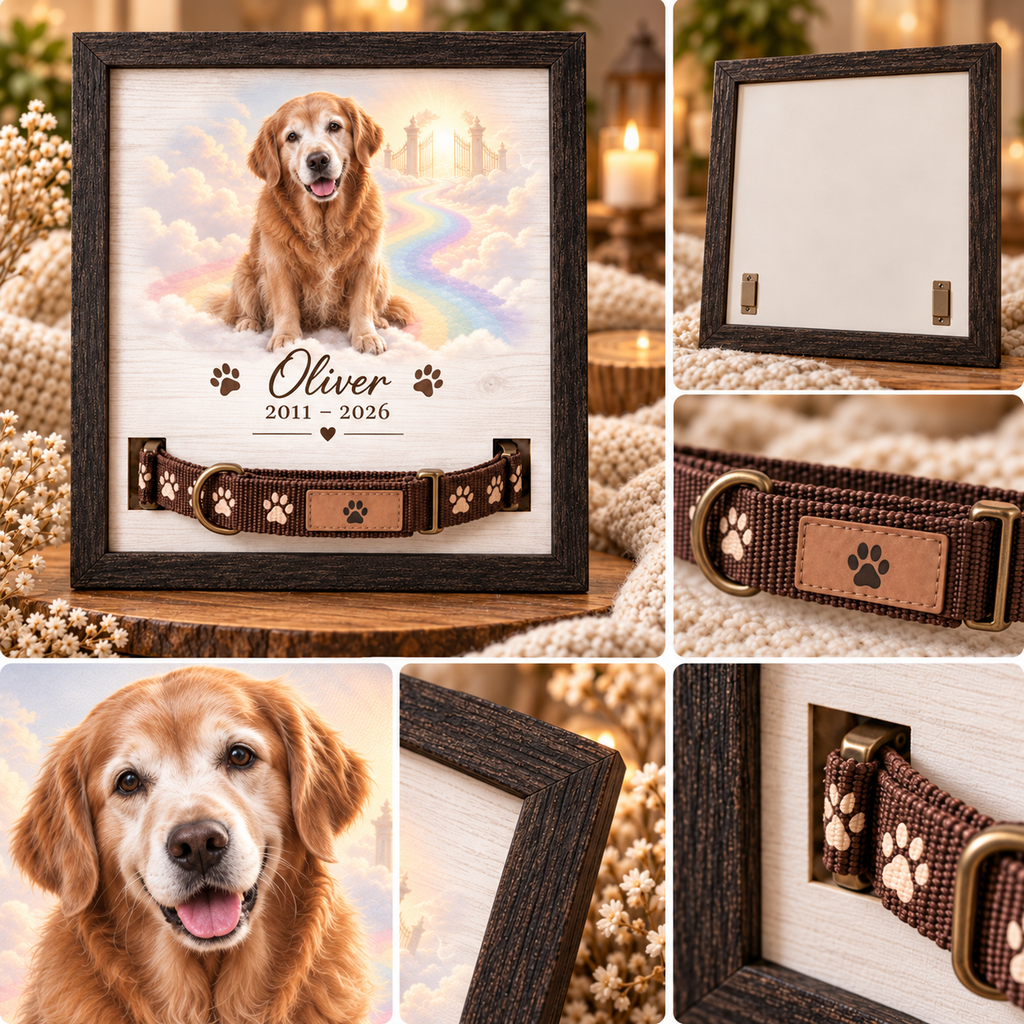 Rainbow Road Home — Personalized Pet Memorial Frame — product details and close-up mockup