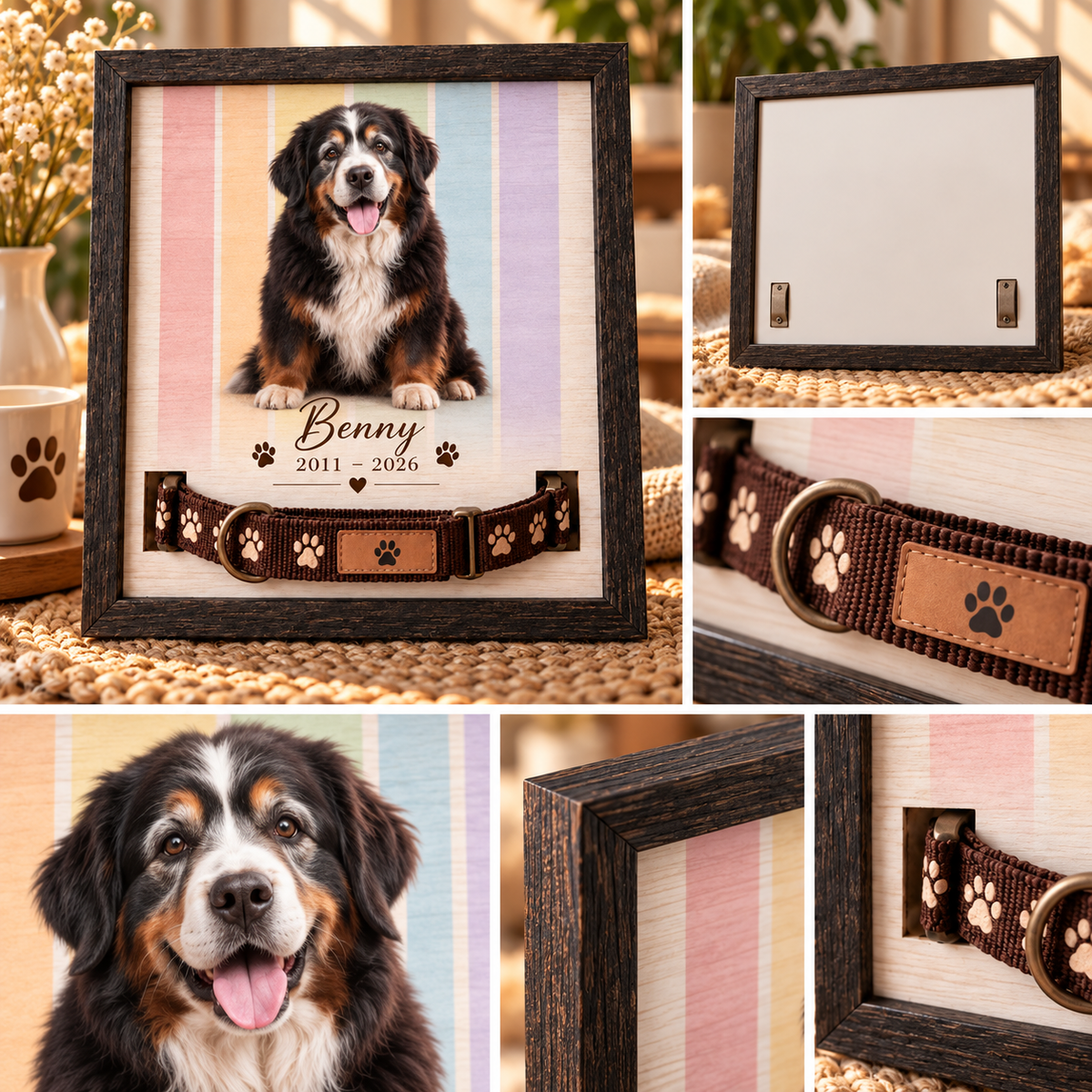 Remembered in Color — Pastel Stripes — Personalized Pet Memorial Frame — product details and close-up mockup