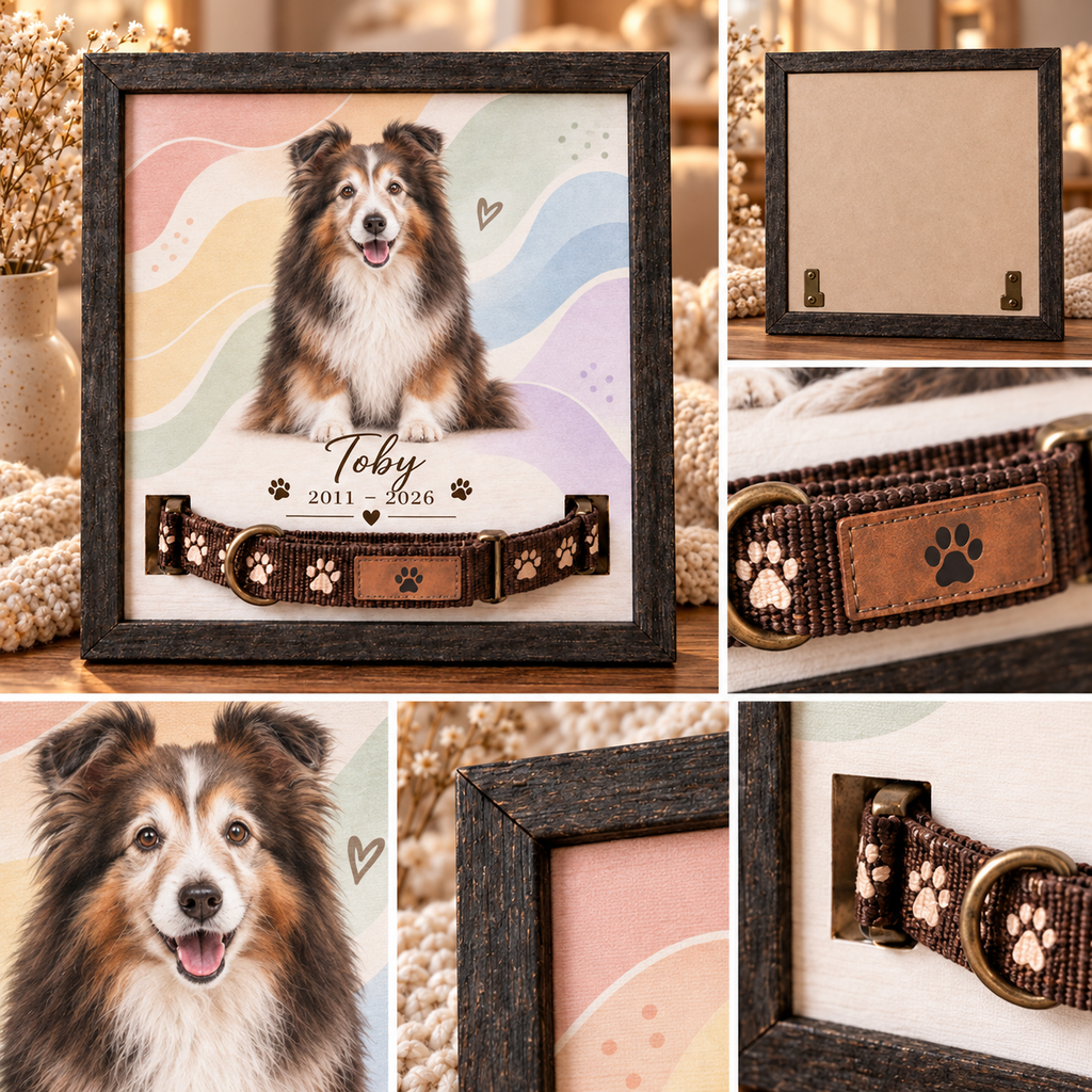 Remembered in Color — Rainbow Waves — Personalized Pet Memorial Frame — product details and close-up mockup