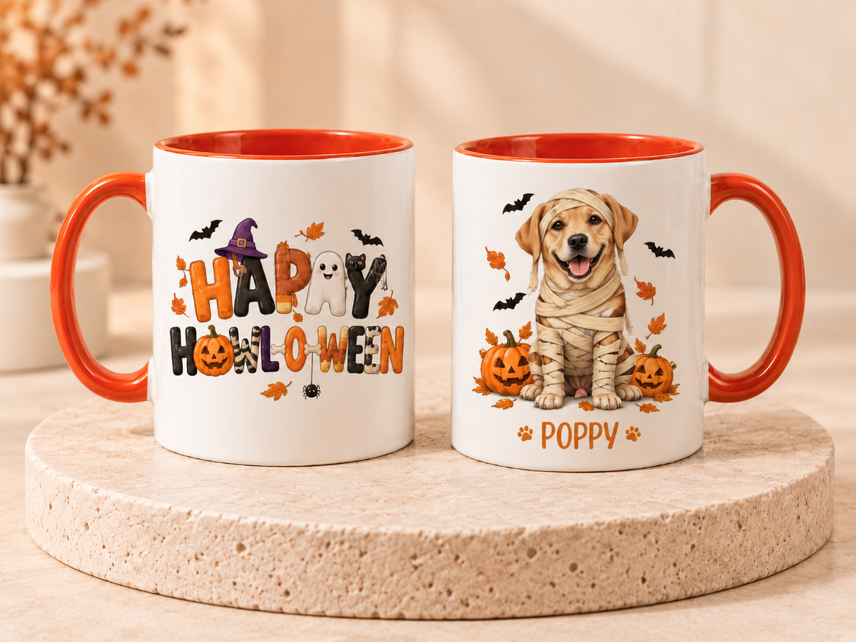 Personalized Halloween pet mug set of two with orange handles and interiors