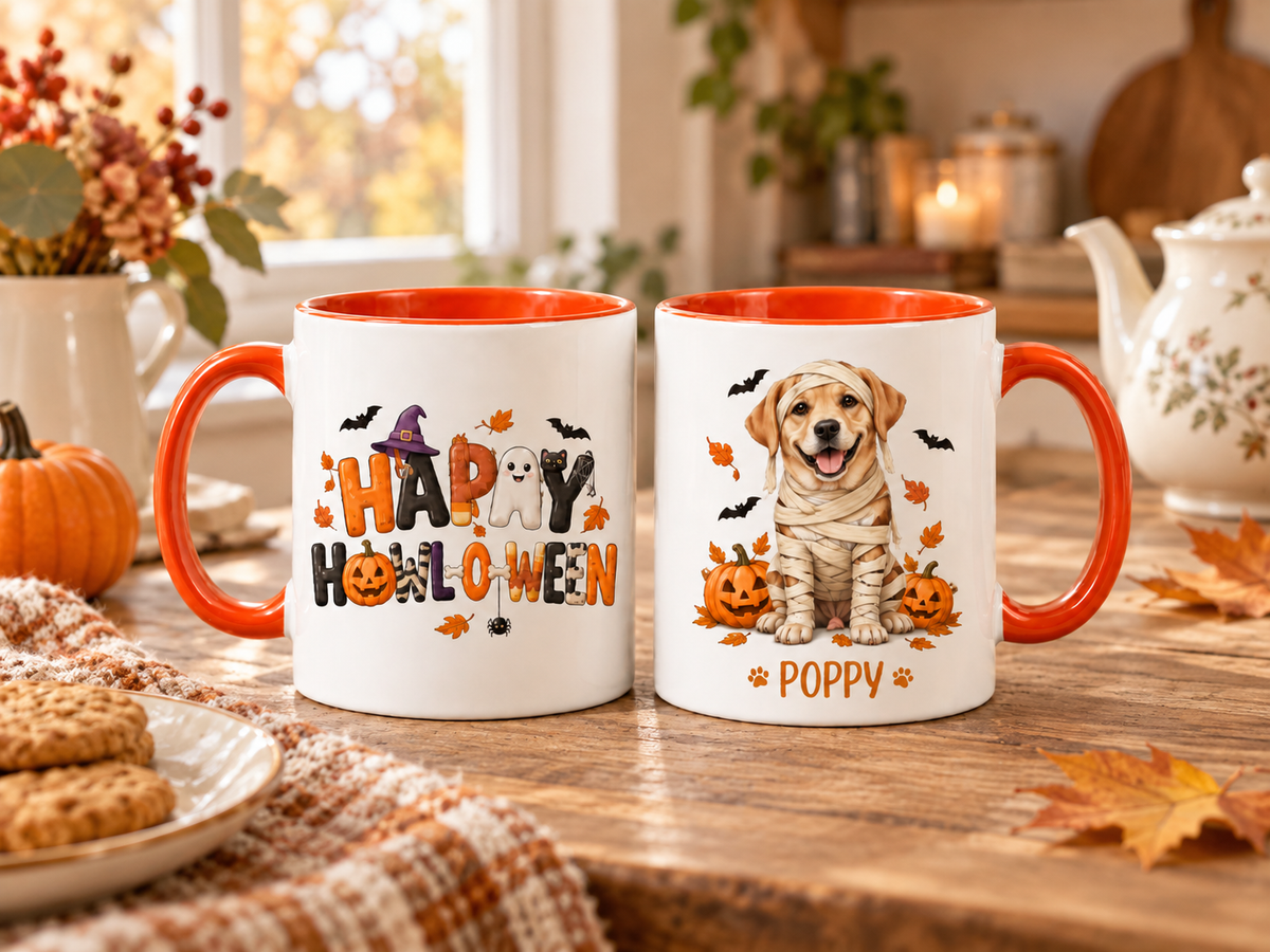 Halloween pet mug set of two in an autumn home