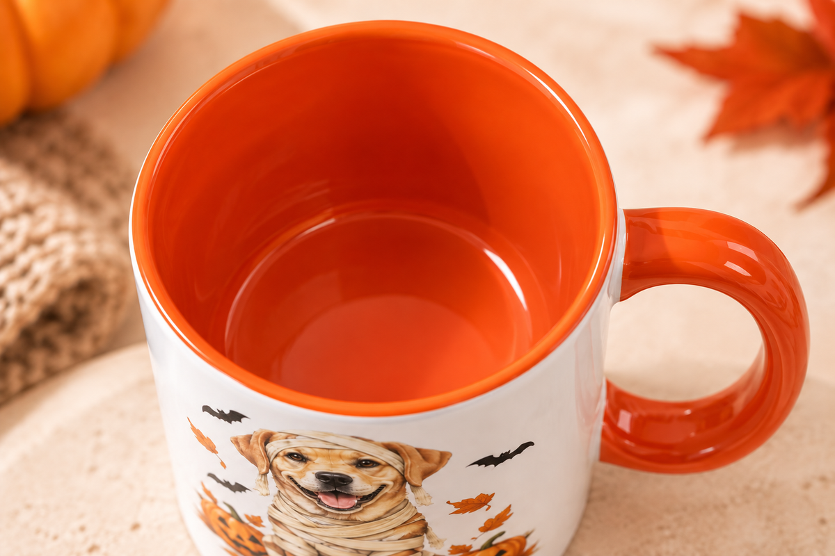 Orange glazed mug interior and handle detail