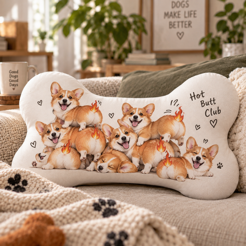 Hot Butt Club bone-shaped pillow with playful corgi illustrations, hearts and flame doodles