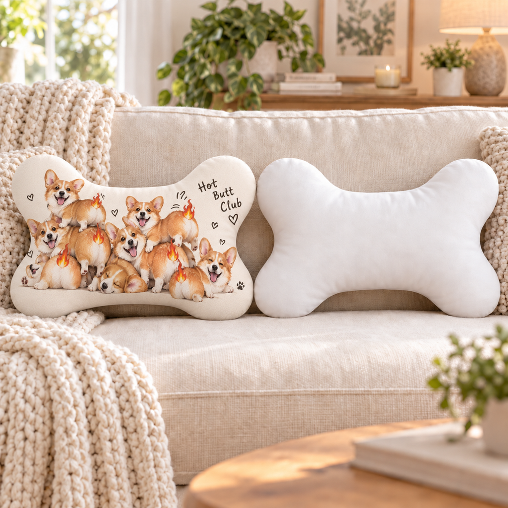 Hot Butt Club shaped pillow front and plain white reverse; two views of one pillow