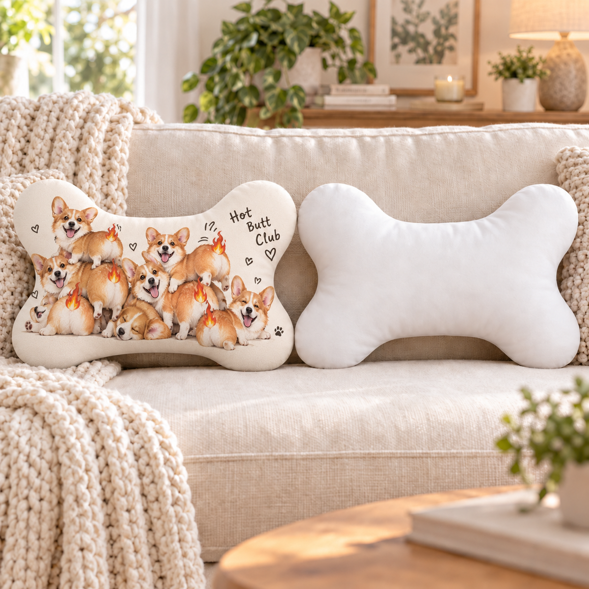 Hot Butt Club shaped pillow front and plain white reverse; two views of one pillow