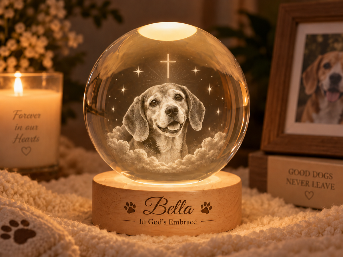 In God’s Embrace — Personalized Pet Crystal Globe Lamp — supplied primary design mockup
