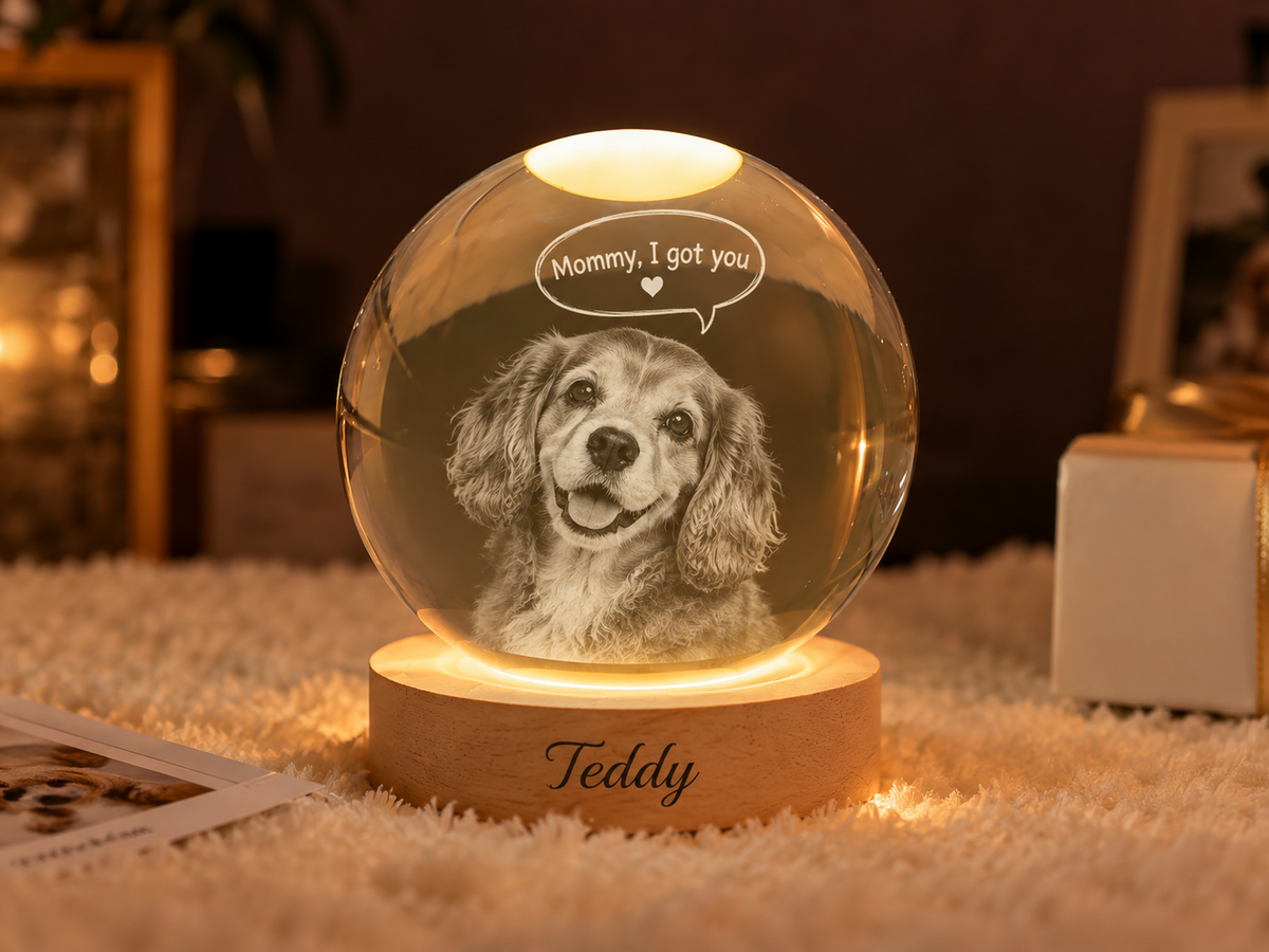 Mommy, I’ve Got You — Personalized Pet Crystal Globe Lamp — supplied primary design mockup