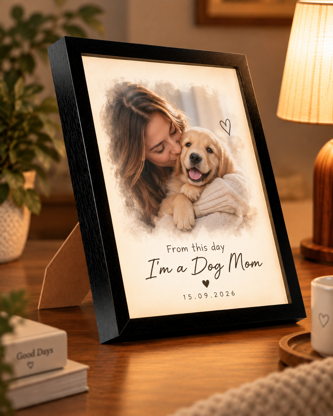 The Day I Became a Dog Mom — Personalized Pet Light-Up Frame — supplied side-angle mockup