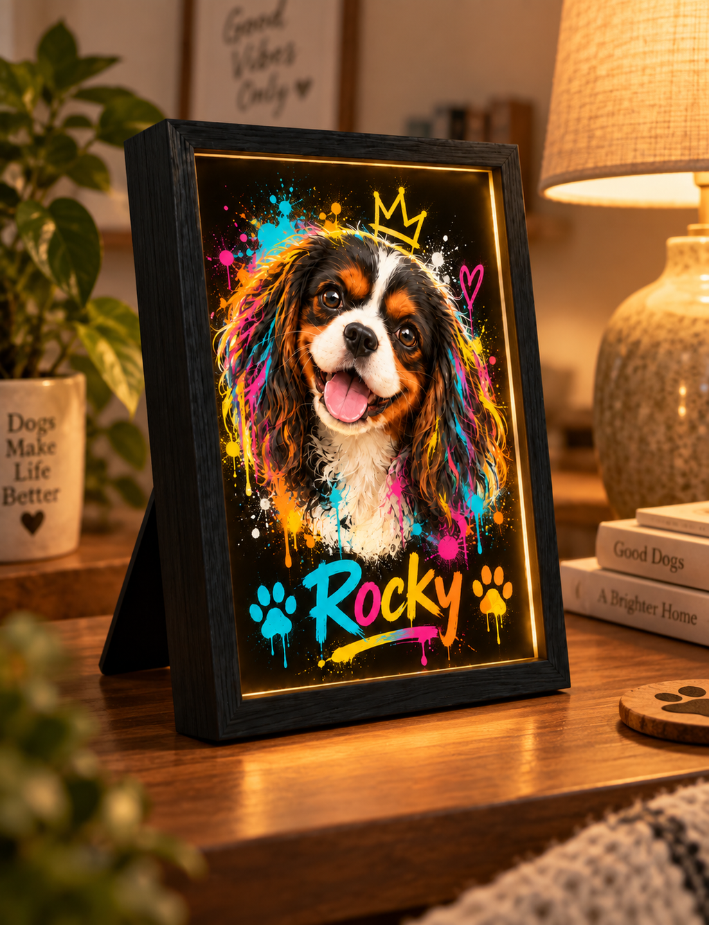 Graffiti Pawtrait — Personalized Pet Light-Up Frame — supplied side-angle mockup