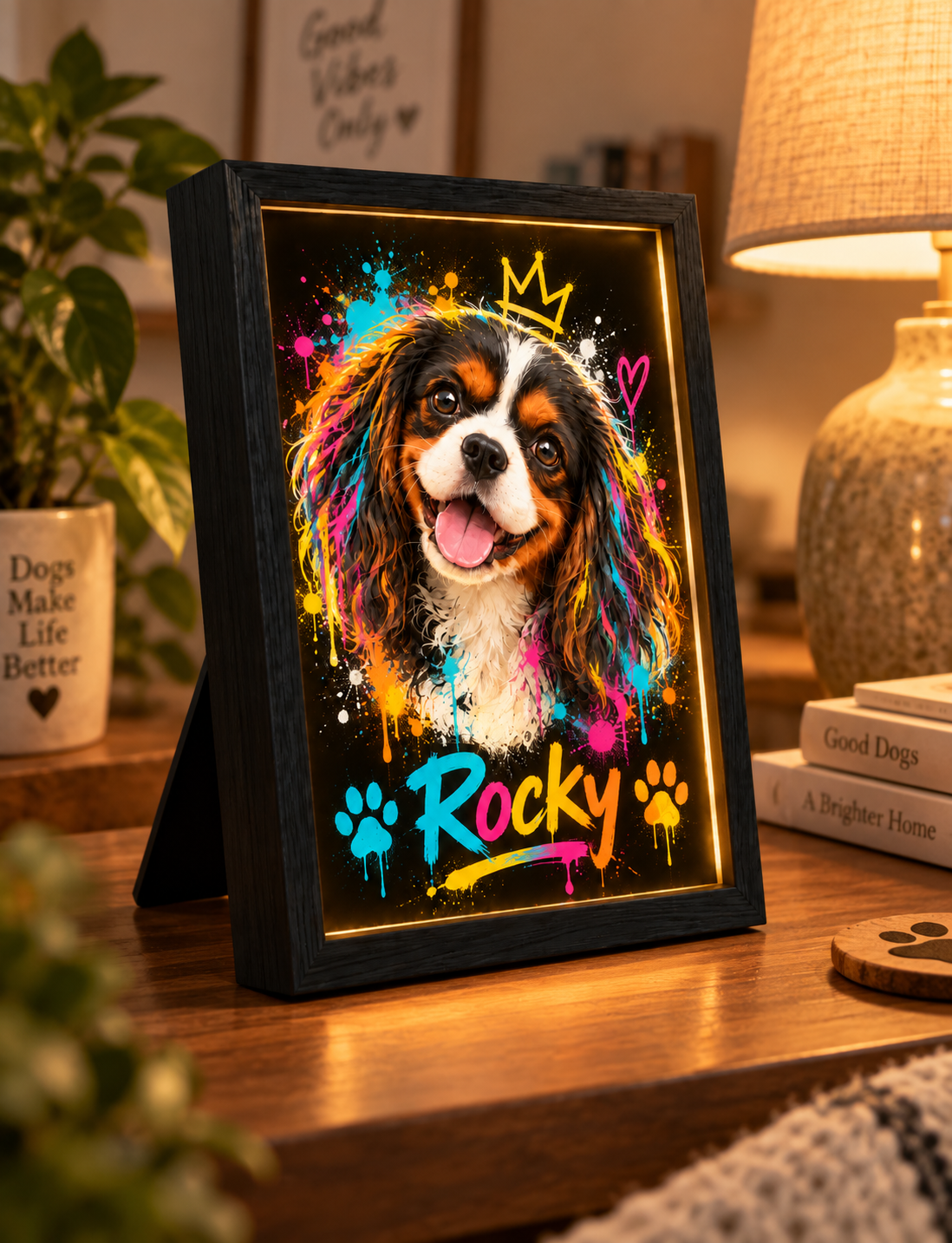 Graffiti Pawtrait — Personalized Pet Light-Up Frame — supplied side-angle mockup