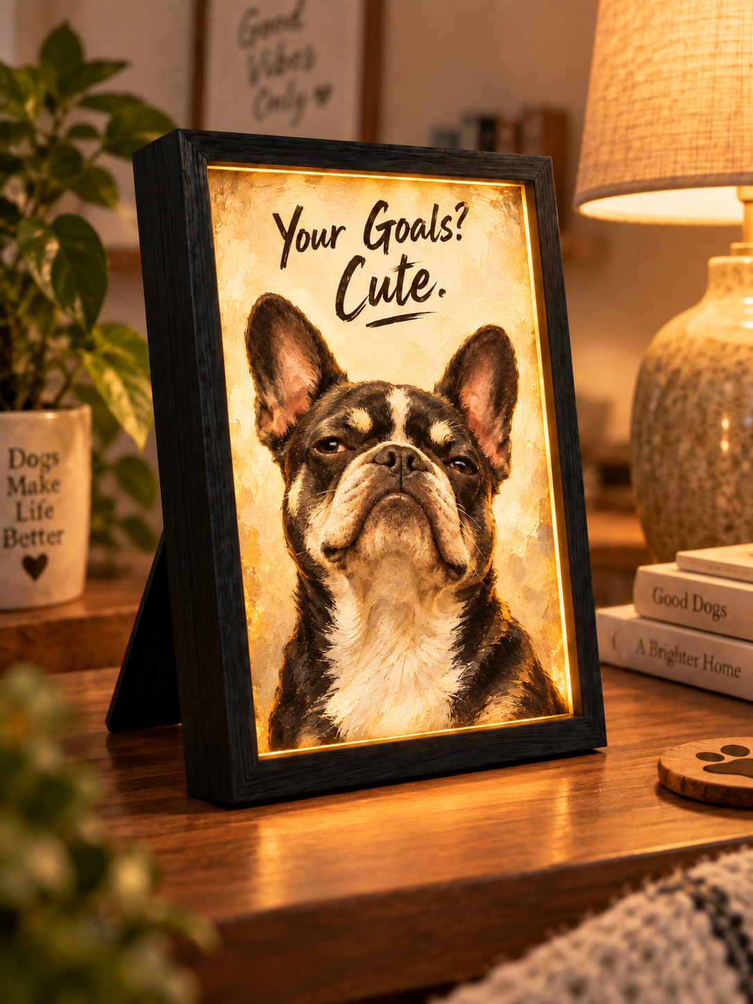 Your Goals? Cute. — Personalized Pet Light-Up Frame — supplied side-angle mockup
