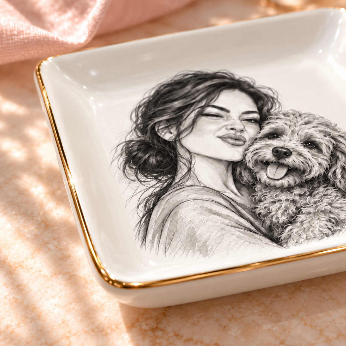 Monochrome Cuddle — Personalized Pet Ring Dish — close-up of the thin gold rim
