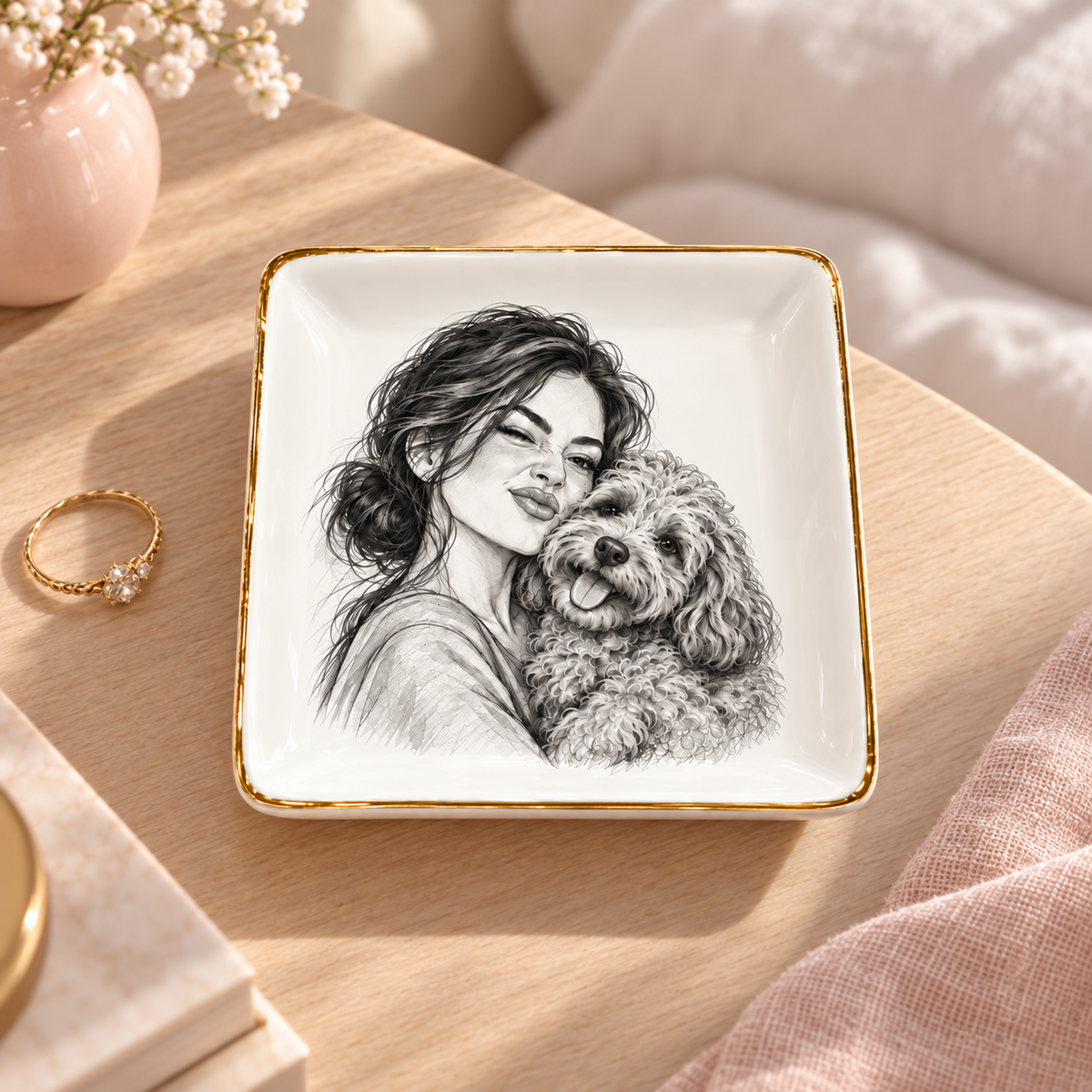 Monochrome Cuddle — Personalized Pet Ring Dish — styled bedside lifestyle mockup