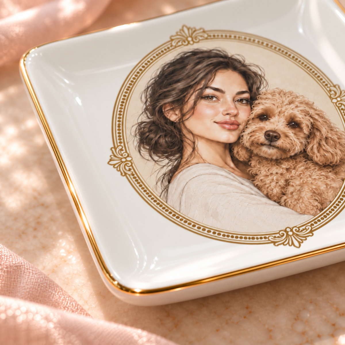 Heirloom Oval — Personalized Pet Ring Dish — close-up of the thin gold rim