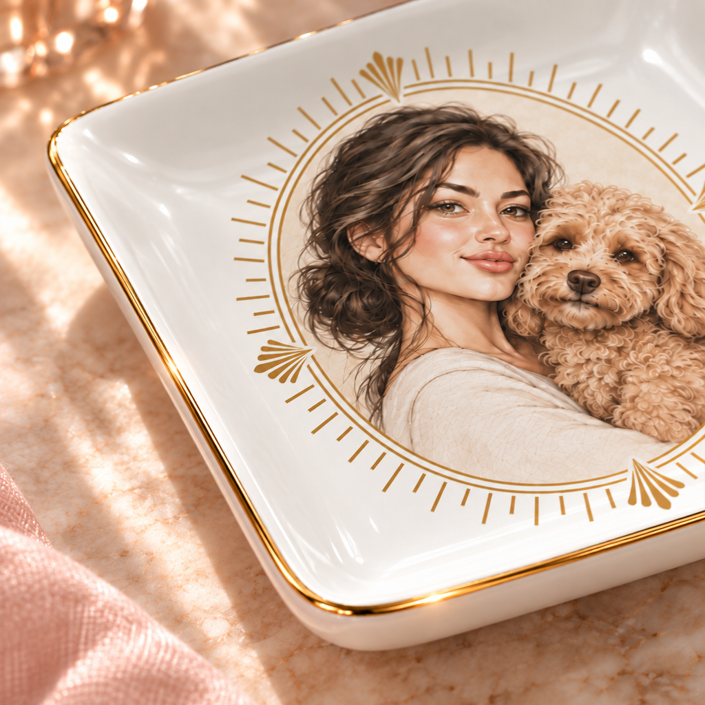 Sunburst Soulmates — Personalized Pet Ring Dish — close-up of the thin gold rim