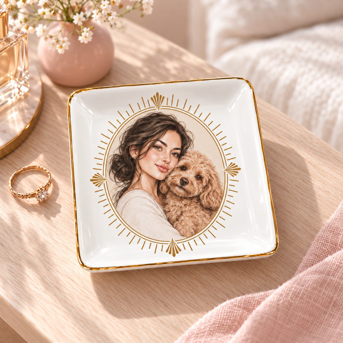 Sunburst Soulmates — Personalized Pet Ring Dish — styled bedside lifestyle mockup