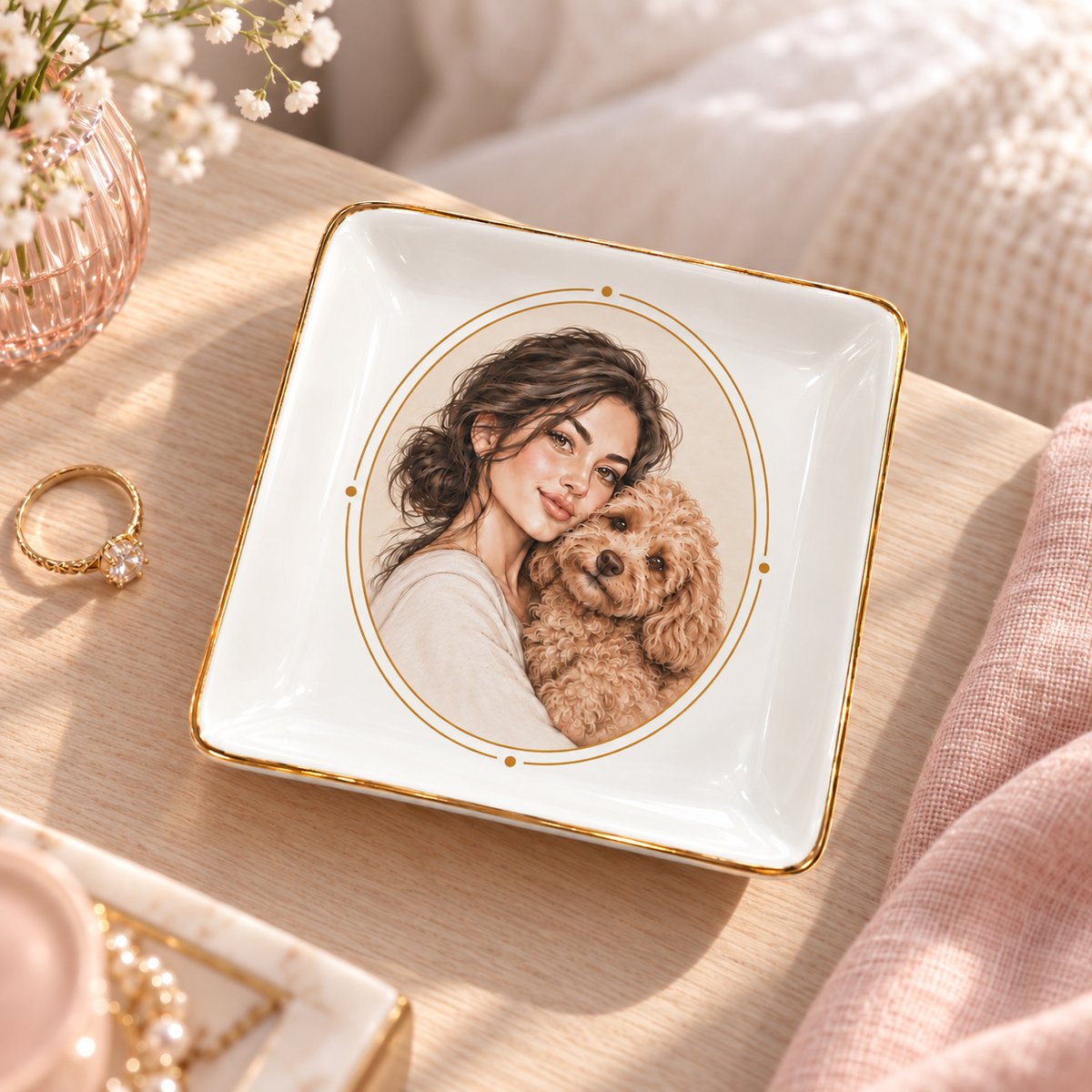 Golden Circle Cuddle — Personalized Pet Ring Dish — styled bedside lifestyle mockup
