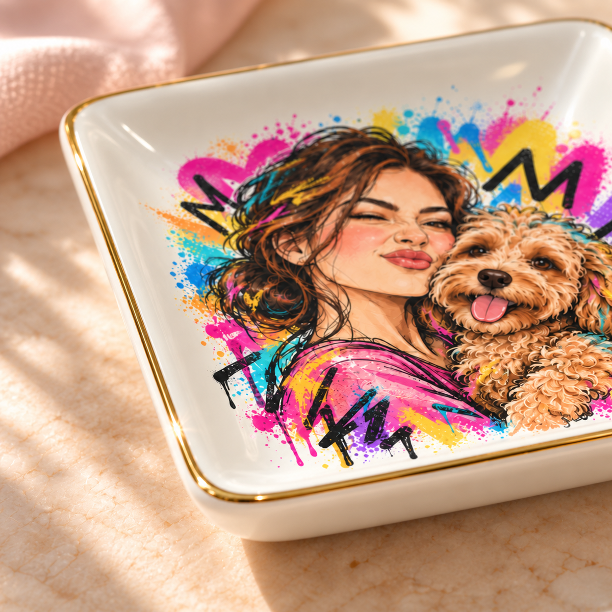 Street Art Soulmates — Personalized Pet Ring Dish — close-up of the thin gold rim