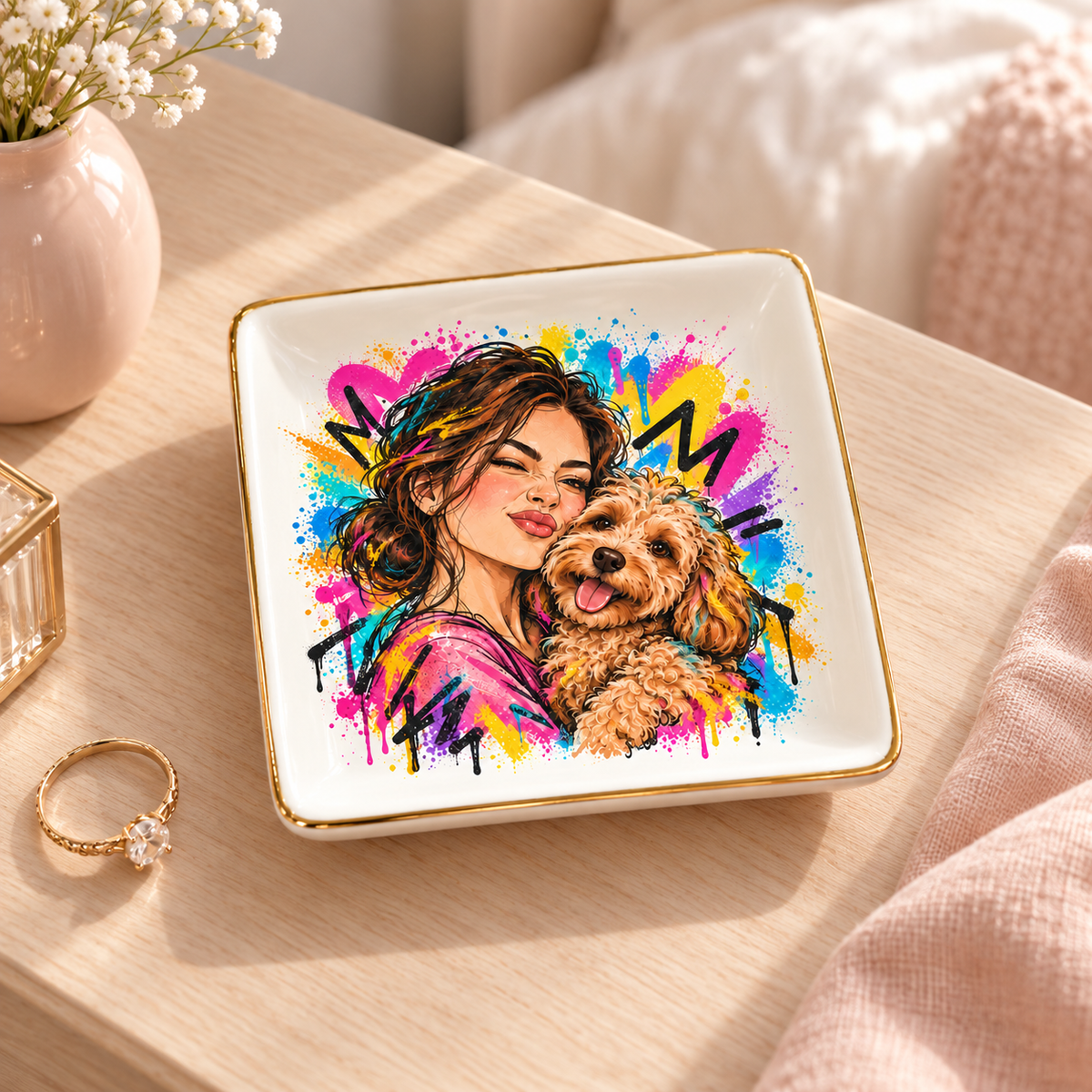 Street Art Soulmates — Personalized Pet Ring Dish — styled bedside lifestyle mockup