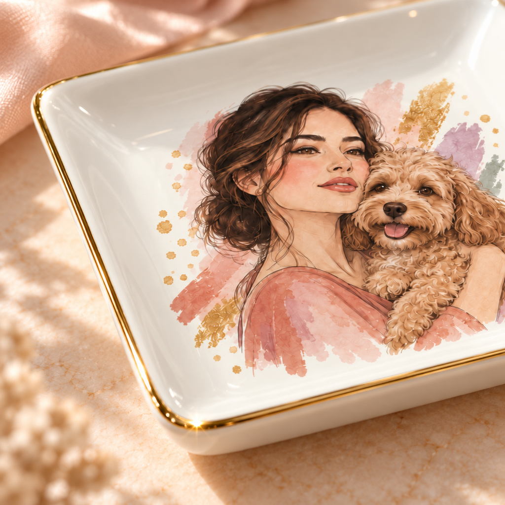 Watercolor Cuddle — Personalized Pet Ring Dish — close-up of the thin gold rim