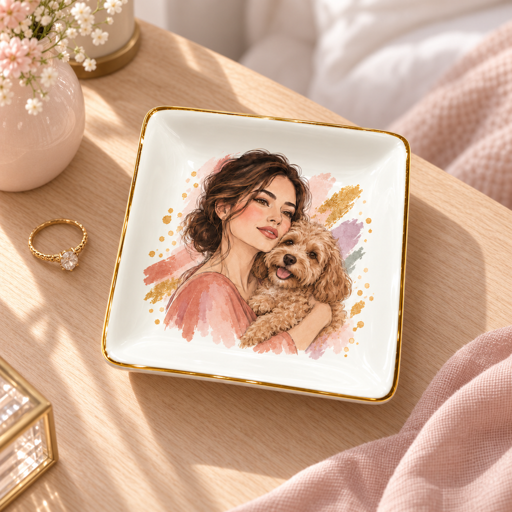 Watercolor Cuddle — Personalized Pet Ring Dish — styled bedside lifestyle mockup