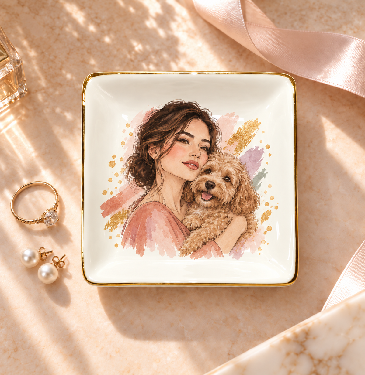Watercolor Cuddle — Personalized Pet Ring Dish — supplied aligned primary mockup