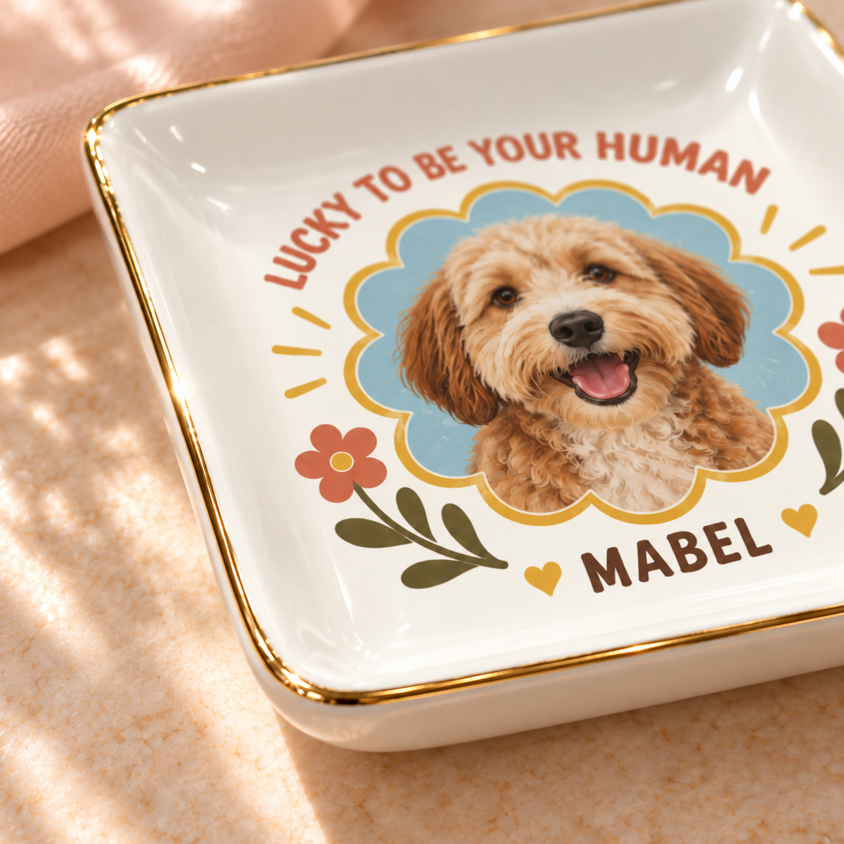 Lucky to Be Your Human — Personalized Pet Ring Dish — close-up of the thin gold rim