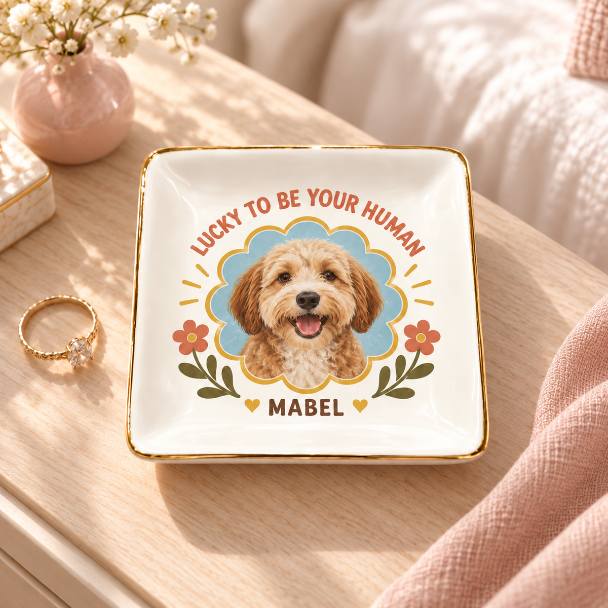 Lucky to Be Your Human — Personalized Pet Ring Dish — styled bedside lifestyle mockup