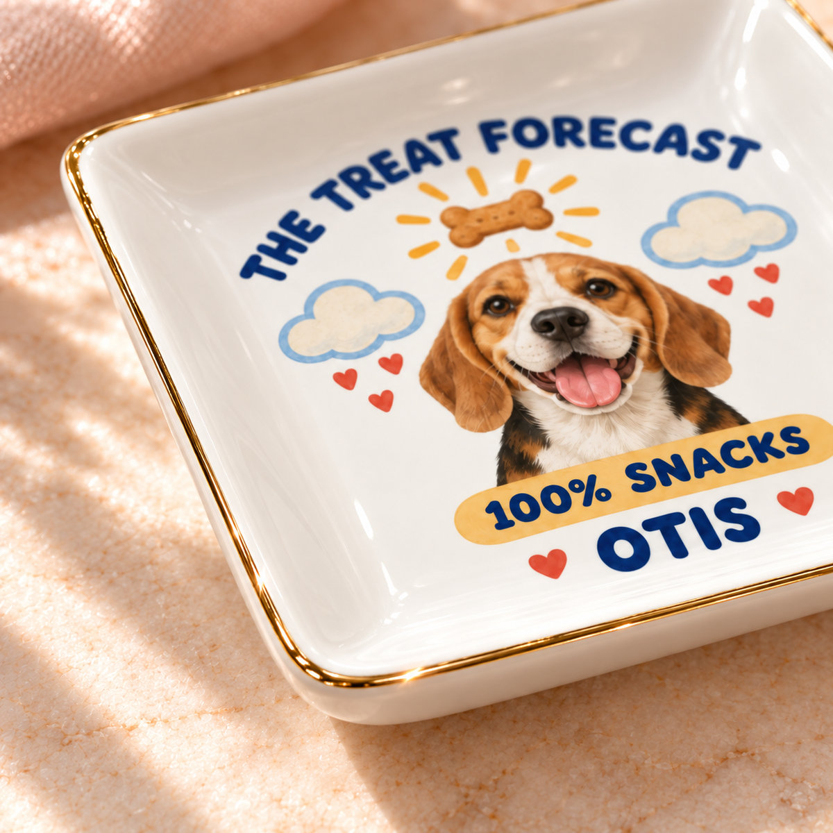 The Treat Forecast — Personalized Pet Ring Dish — close-up of the thin gold rim