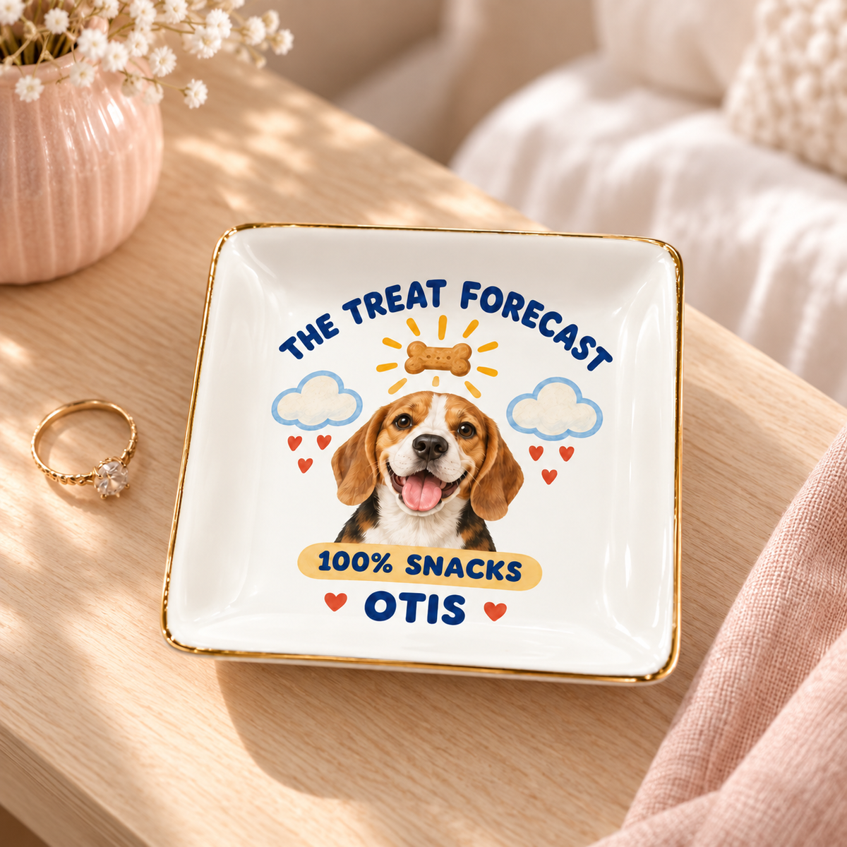 The Treat Forecast — Personalized Pet Ring Dish — styled bedside lifestyle mockup