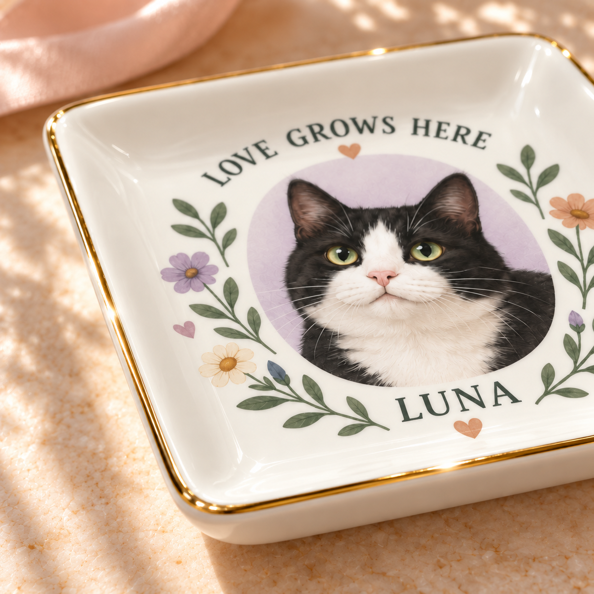 Love Grows Here — Personalized Pet Ring Dish — close-up of the thin gold rim