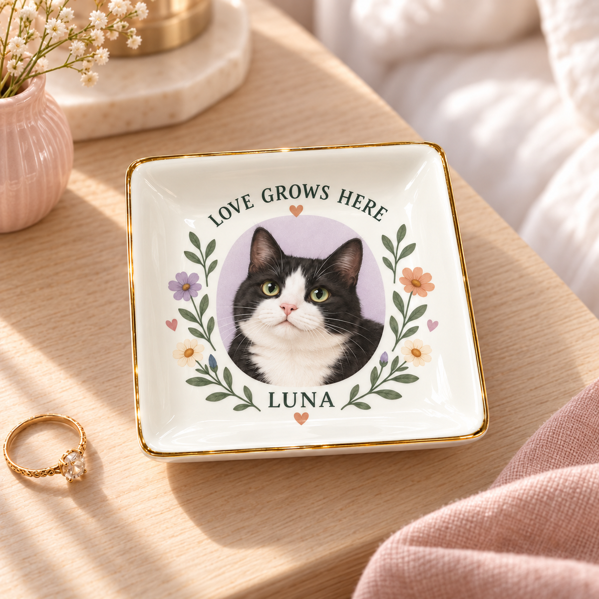 Love Grows Here — Personalized Pet Ring Dish — styled bedside lifestyle mockup