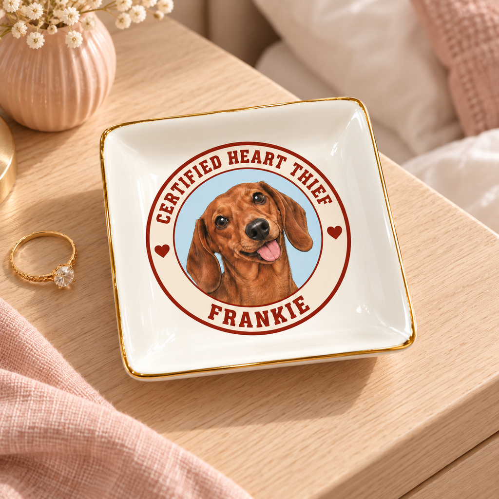Certified Heart Thief — Personalized Pet Ring Dish — styled bedside lifestyle mockup