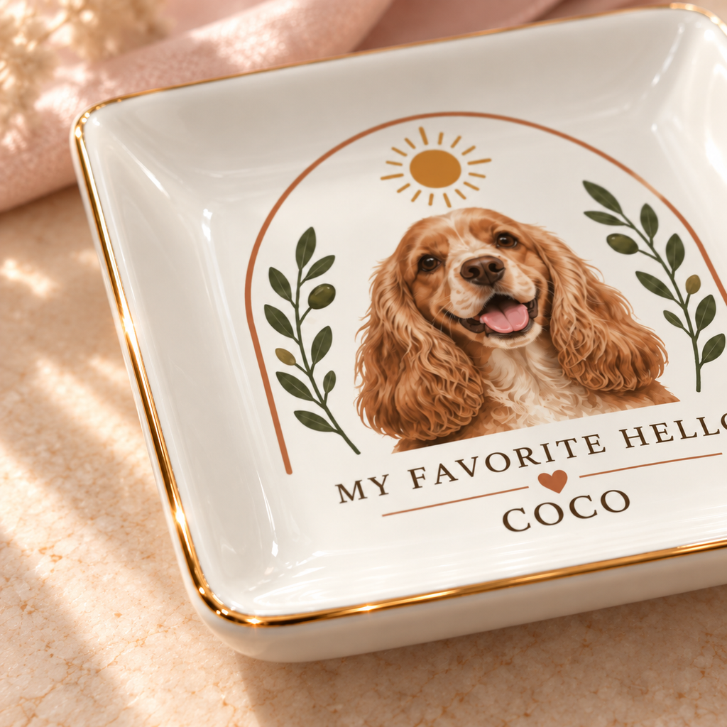 My Favorite Hello — Personalized Pet Ring Dish — close-up of the thin gold rim