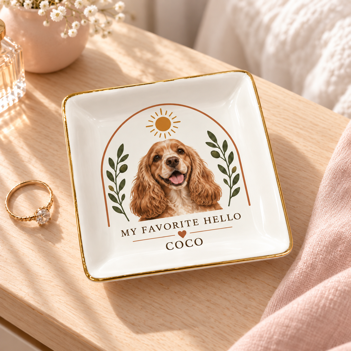 My Favorite Hello — Personalized Pet Ring Dish — styled bedside lifestyle mockup