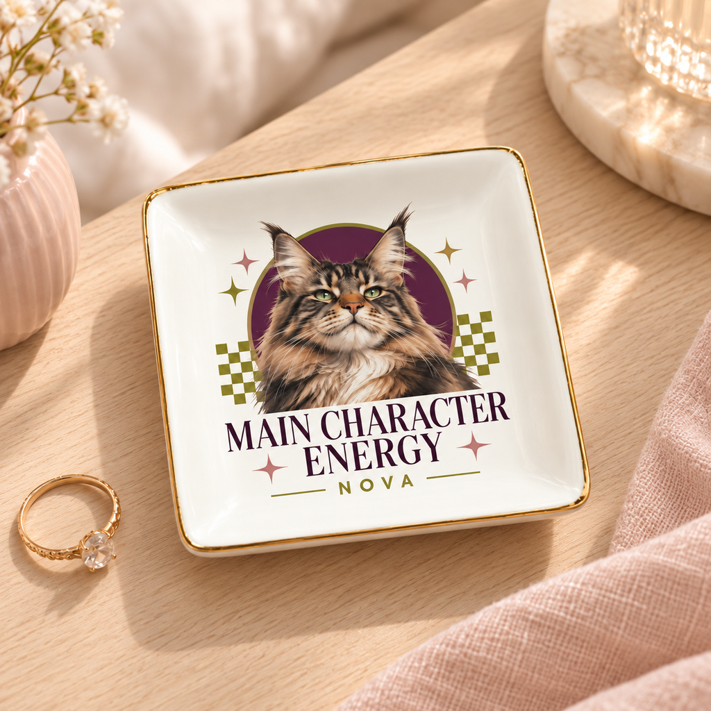 Main Character Energy — Personalized Pet Ring Dish — styled bedside lifestyle mockup