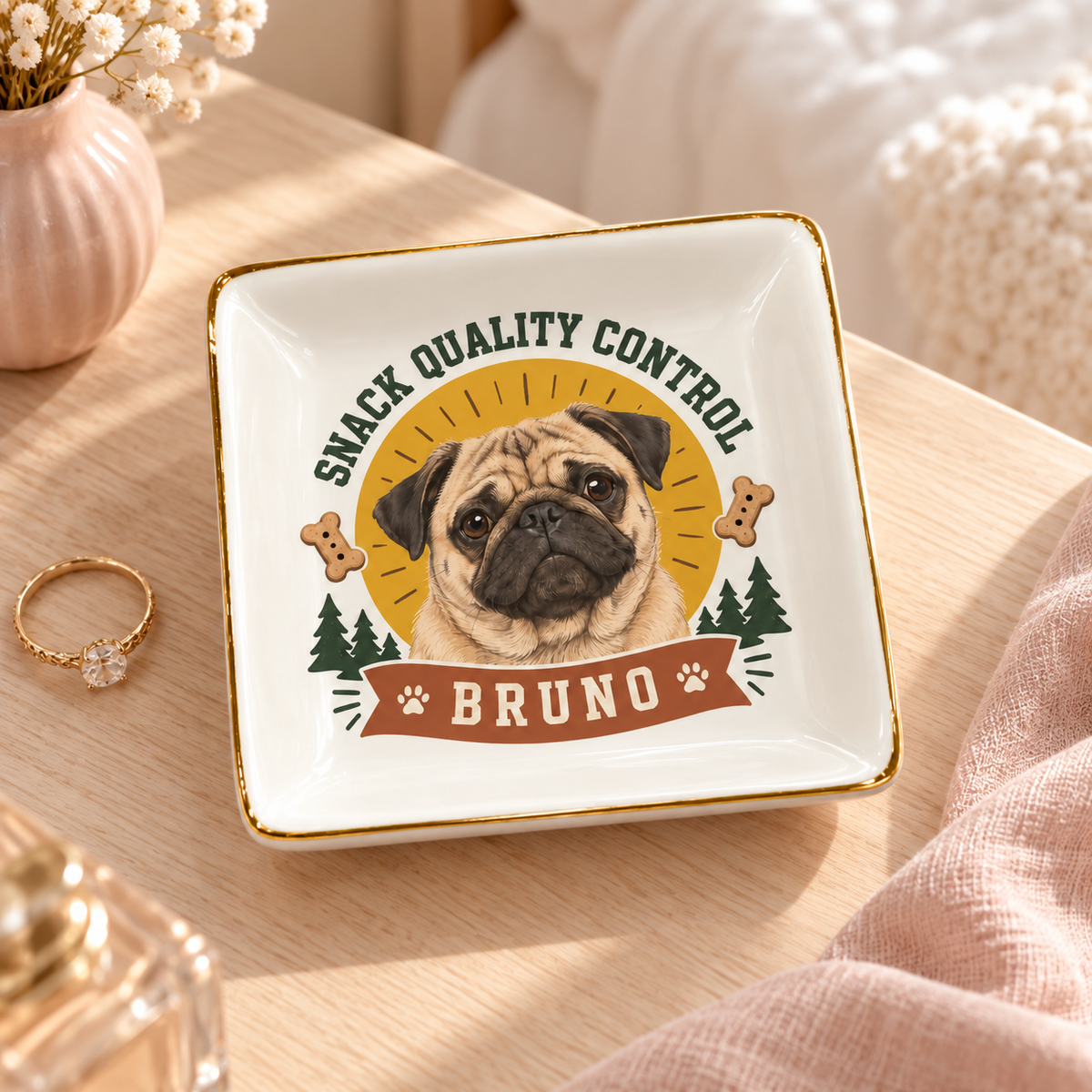 Snack Quality Control — Personalized Pet Ring Dish — styled bedside lifestyle mockup