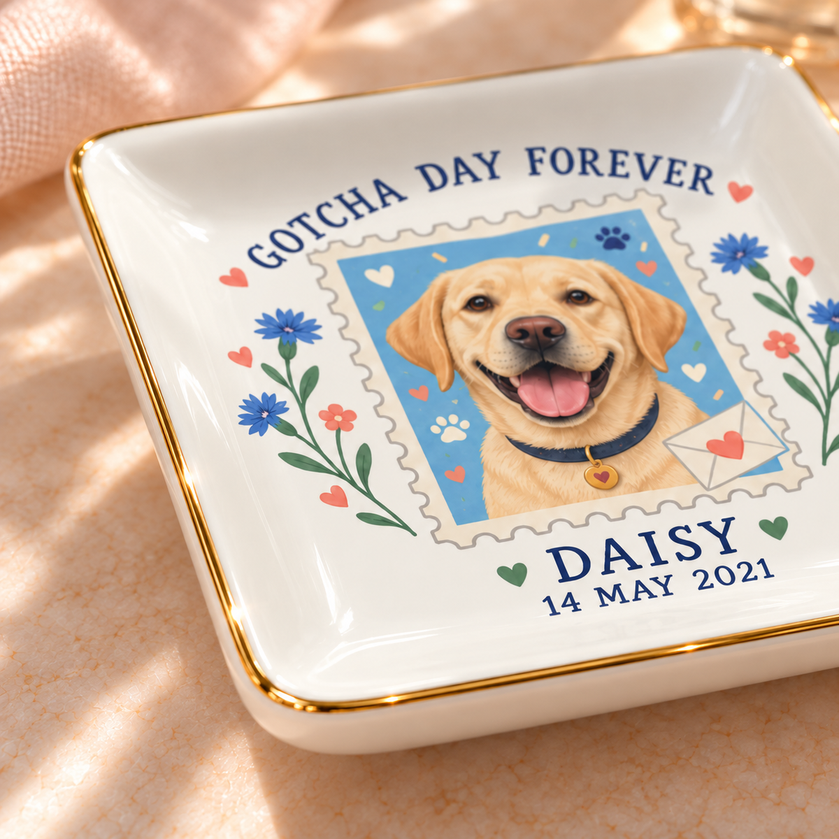 Gotcha Day Forever — Personalized Pet Ring Dish — close-up of the thin gold rim