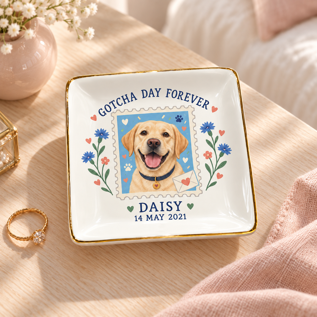 Gotcha Day Forever — Personalized Pet Ring Dish — styled bedside lifestyle mockup