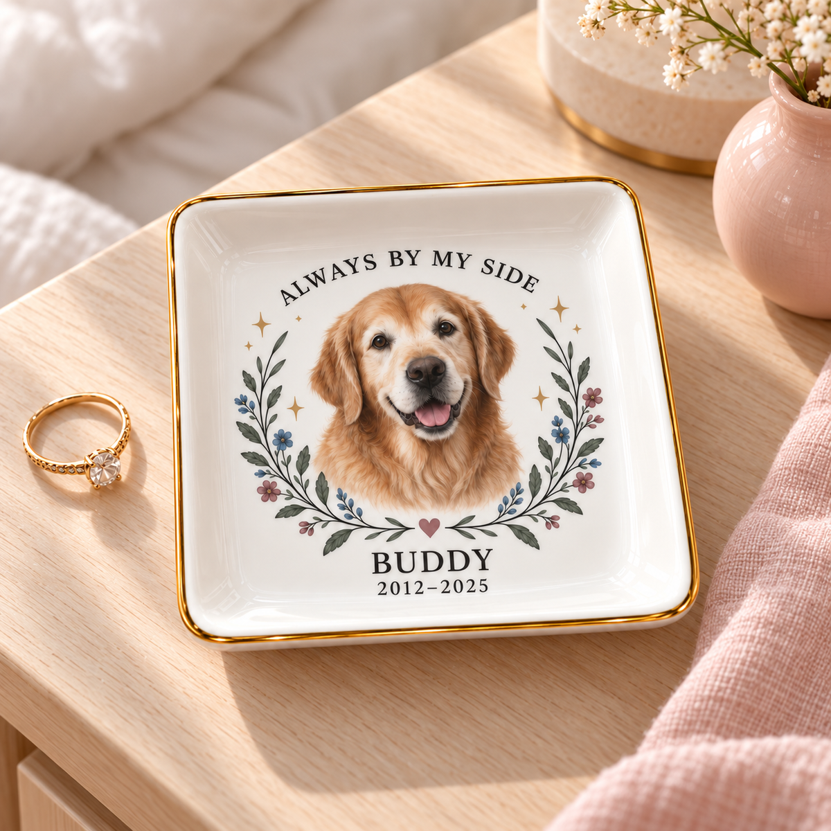 Always by My Side — Personalized Pet Ring Dish — styled bedside lifestyle mockup