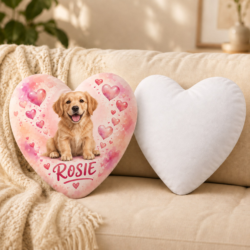 Bubble Heart — Personalized Pet Shaped Pillow — front design example and plain white reverse; two views of one pillow