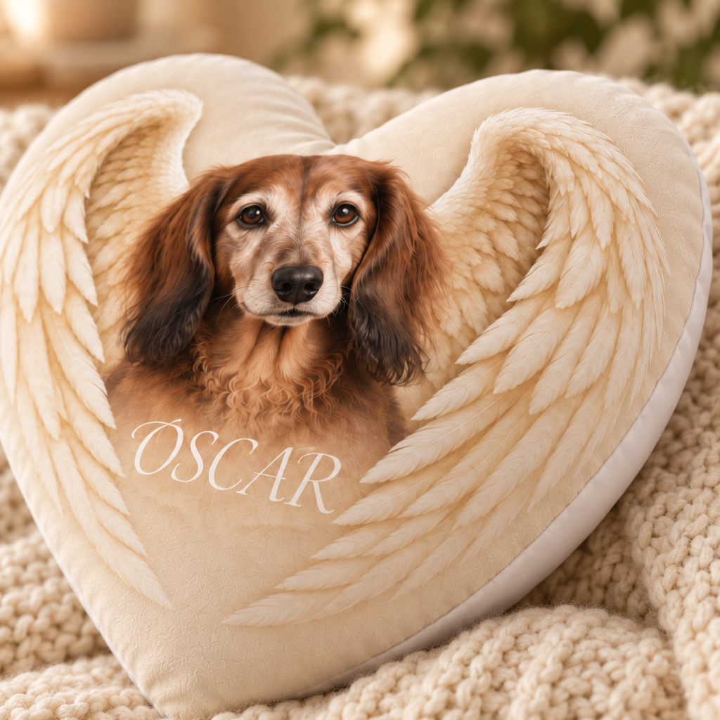 Held in Angel Wings — Personalized Pet Shaped Pillow — close-up of printed design and soft cushion edge