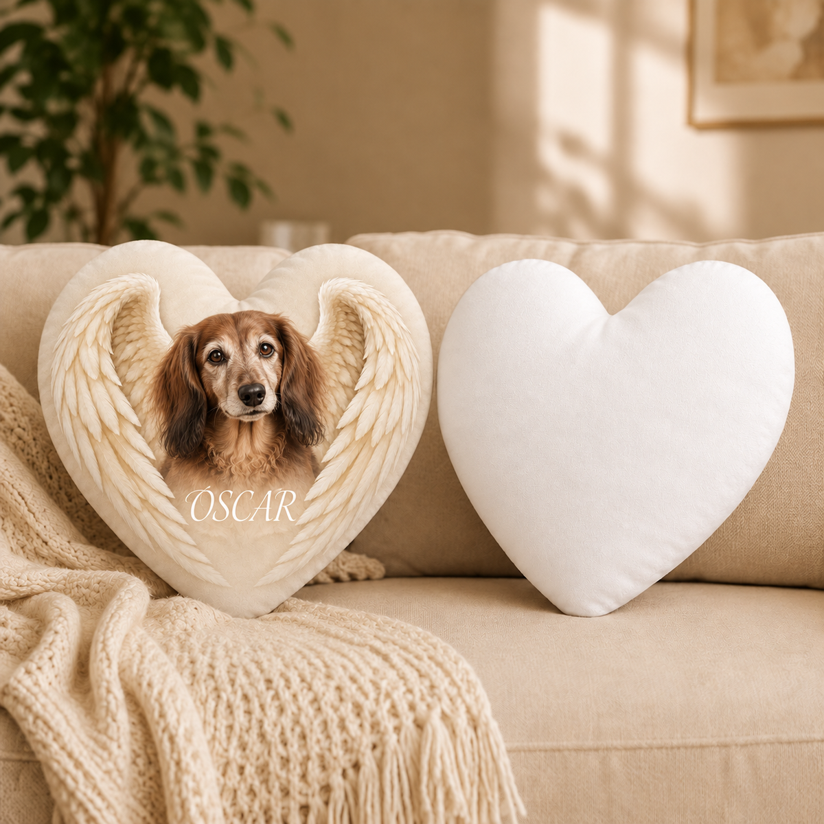 Held in Angel Wings — Personalized Pet Shaped Pillow — front design example and plain white reverse; two views of one pillow