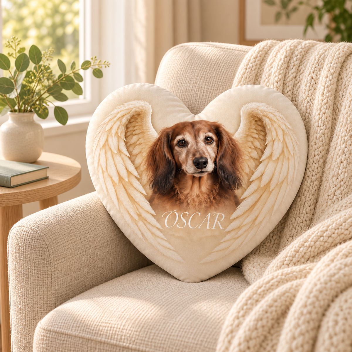 Held in Angel Wings — Personalized Pet Shaped Pillow — personalized pillow in a cozy reading nook