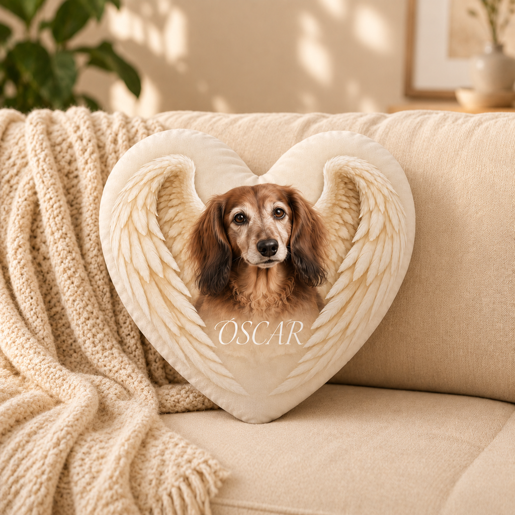 Held in Angel Wings — Personalized Pet Shaped Pillow — supplied front design example